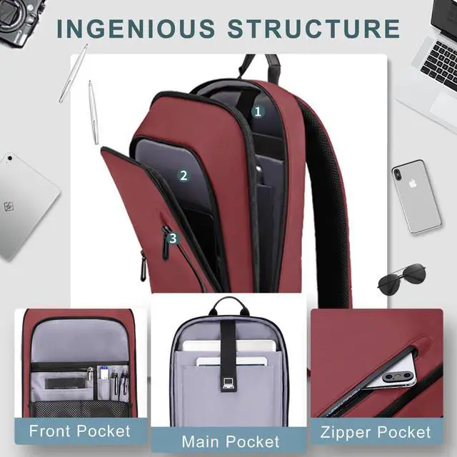 Alt view image 3 of 5 - hk Backpack for Men Business Slim Backpack with USB Charger Computer Lightweight Anti-theft Travel (Red, 17.3 Inch)