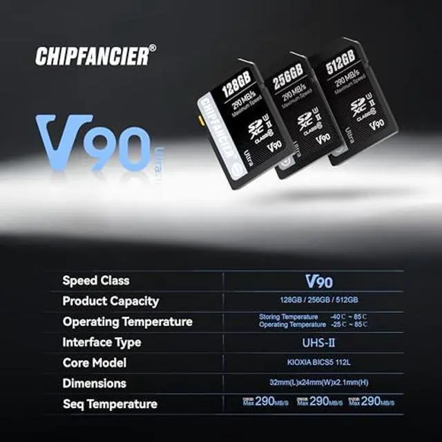 Alt view image 2 of 5 - CHIPFANCIER 256GB V90 SD Card SDXC UHS-II V90 Memory Card R290MB/s W290MB/s C10 U3 V90 Full-HD & 8K Video for Professional Photographers & Content Creators DSLR Mirrorless Cameras Black