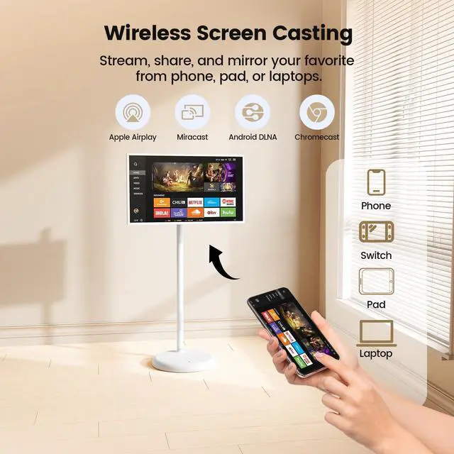 Alt view image 5 of 5 - Eyoyo Portable Smart TV on Wheels - 32 Inch 1080P Rolling Mobile Touch Screen Monitor, Large Rolling TV, 13MP Camera, 6H Video Play Time, 6G RAM+128G ROM, Android OS, Voice Remote Control