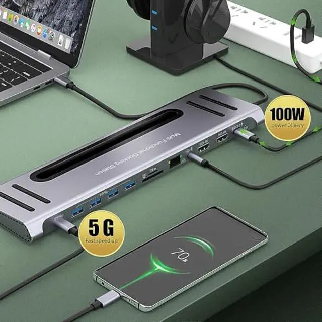 Alt view image 5 of 5 - USB C Docking Station,Onten USB-C to Dual HDMI Adapter HUB .12-in-1 USB-A 3.0, USB-C 3.0 Gigabit Ethernet Dual-solt sd/tf Card Reader,PD 100w Charger (DP Alternative Mode Required)