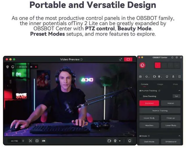 Alt view image 5 of 5 - OBSBOT Tiny 2 Lite AI-Powered 4K UHD PTZ Webcam,1/2" CMOS 4X Digital Zoom, AI Auto Tracking, Auto Zoom, Gesture Control 2.0, Beauty Mode,Preset Modes,LiveStream for Game/Meeting/Online Educate