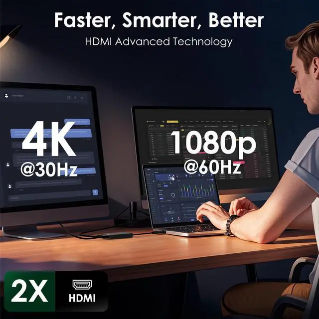 Alt view image 2 of 5 - USB C to Dual HDMI Adapter - Universal Video Graphics Adapter for Thunderbolt 5/4/3, USB 4, USB-A/C, Mac and Windows, USB 3.0 to 4K@30Hz &1080p@60Hz HDMI Extender for Windows & MacBook M1/M2/M3/M4