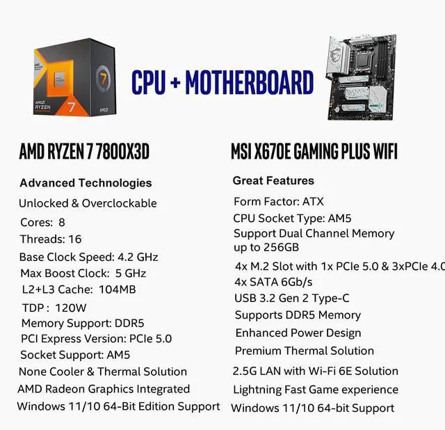 Alt view image 2 of 5 - INLAND Micro Center AMD Ryzen 7 7800X3D CPU Processor with MSI X670E Gaming Plus Motherboard, AM5 Socket, DDR5, PCIe 5.0, WiFi 6E