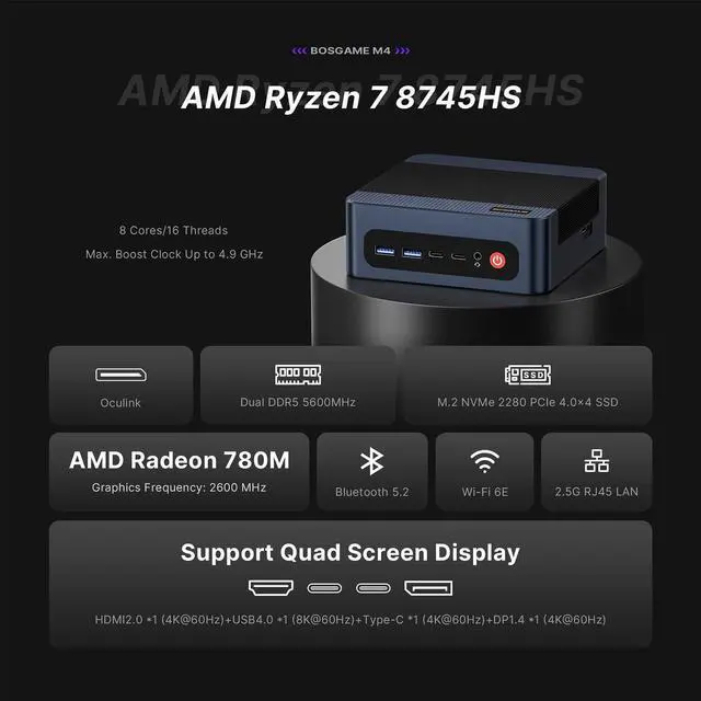 Alt view image 2 of 5 - BOSGAME M4 Oculink Mini PC, AMD Ryzen 7 8745HS Desktop Computers, 32GB DDR5, 1TB SSD, Radeon 780M, Wi-Fi 6, BT 5.2, Dual 2.5GbE LAN, USB 4