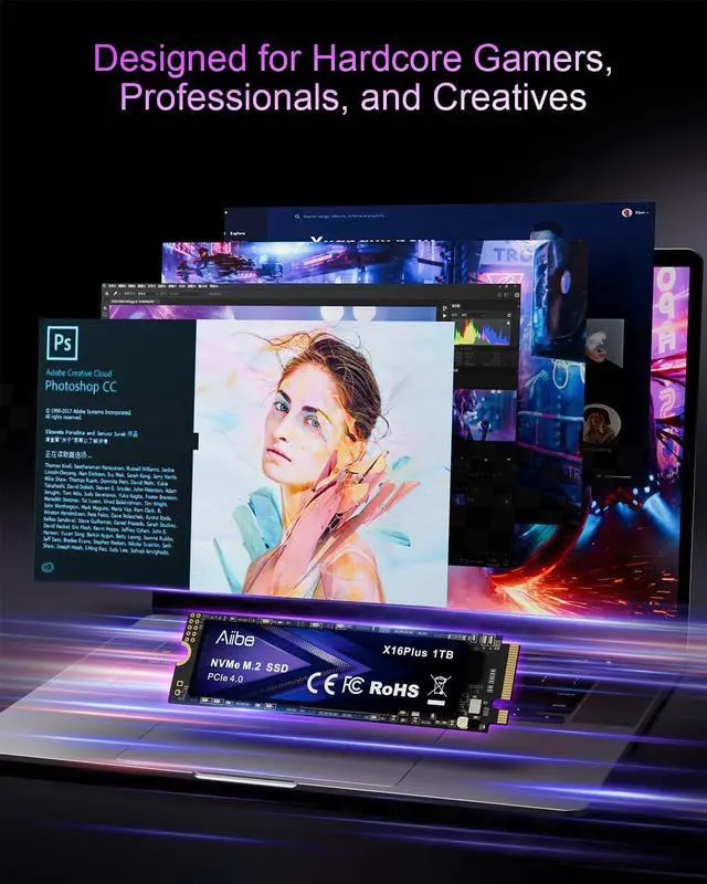 Alt view image 2 of 5 - Aiibe X16Plus 1TB Internal SSD PCIe 4.0 NVMe M.2 SSD up to 7450MB/s, M.2 2280 SSD 1TB Internal Solid State Drive for Laptop, Game