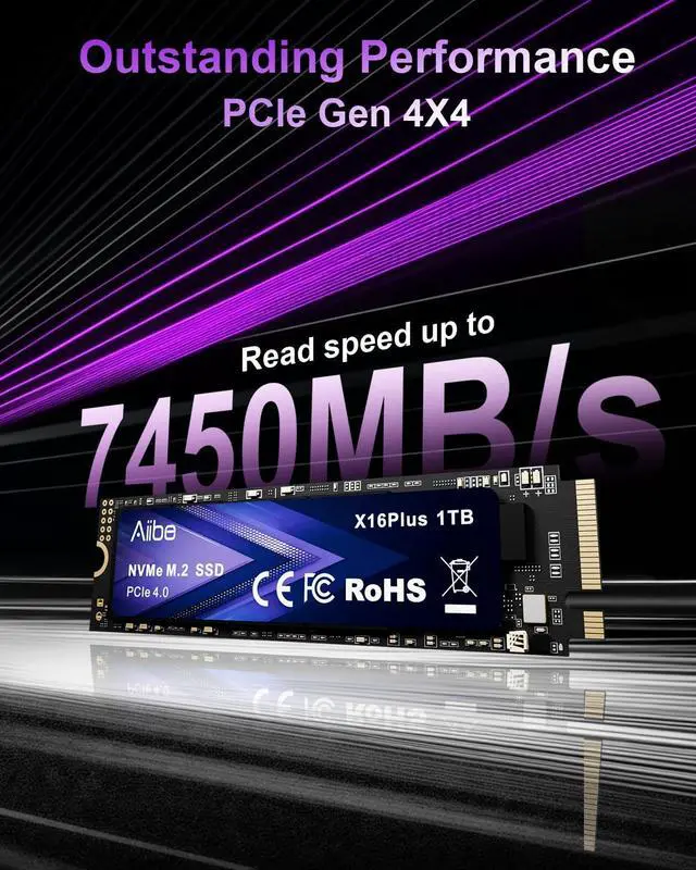 Alt view image 3 of 5 - Aiibe X16Plus 1TB Internal SSD PCIe 4.0 NVMe M.2 SSD up to 7450MB/s, M.2 2280 SSD 1TB Internal Solid State Drive for Laptop, Game