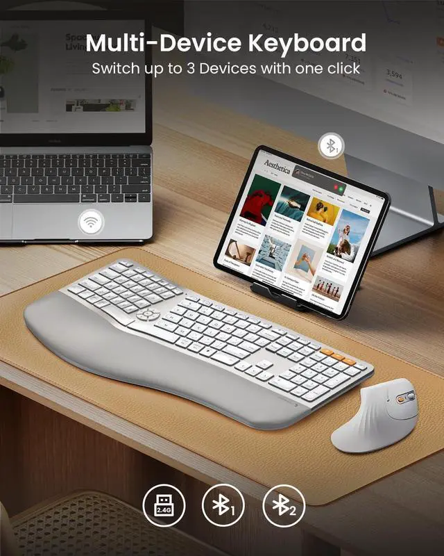Alt view image 3 of 5 - ProtoArc Backlit Bluetooth Ergonomic Keyboard, EK01 Plus Full Size Wireless Split Keyboard with Dual Bluetooth and USB, Cushioned Wrist Rest, Rechargeable, Compatible with Windows/Mac/Android, White