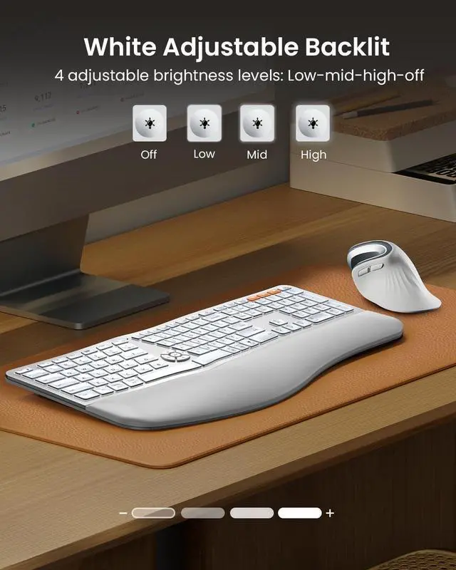 Alt view image 2 of 5 - ProtoArc Backlit Bluetooth Ergonomic Keyboard, EK01 Plus Full Size Wireless Split Keyboard with Dual Bluetooth and USB, Cushioned Wrist Rest, Rechargeable, Compatible with Windows/Mac/Android, White