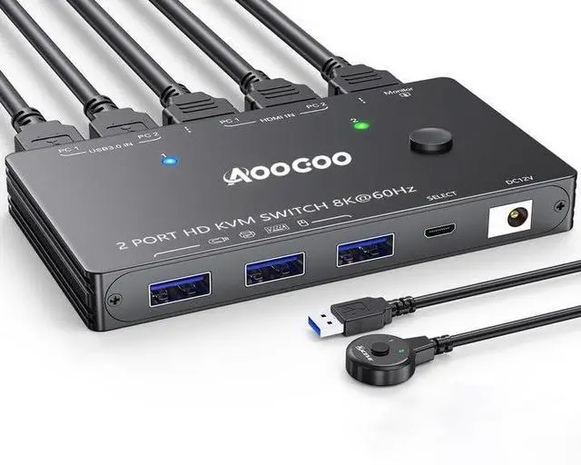 Main image of 8K@60Hz HDMI KVM Switch 1 Monitors 2 Computers 4K@120Hz KVM Switches with USB 3.0 Port,Wired Remote,Power Adapter and USB3.0 Cables Included(2 PC 1 Monitor 8K HDMI KVM)