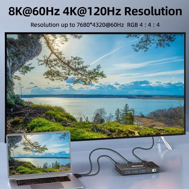 Alt view image 3 of 5 - 8K@60Hz HDMI KVM Switch 1 Monitors 2 Computers 4K@120Hz KVM Switches with USB 3.0 Port,Wired Remote,Power Adapter and USB3.0 Cables Included(2 PC 1 Monitor 8K HDMI KVM)
