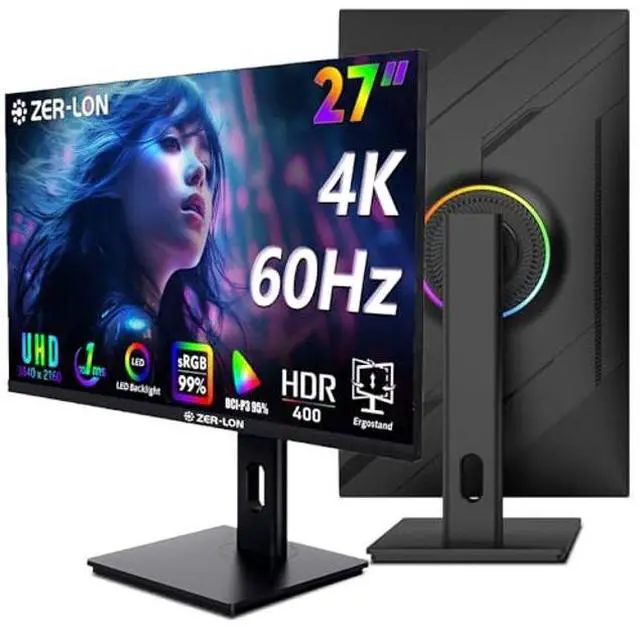Main image of ZER-LON 27 inch UHD Gaming Monitor, 3840 x 2160 60Hz IPS Computer Monitor, HDR400, Tilt/Swivel/Height/Pivot Adjustment, 99% sRGB, DCI-P3 95%, Eye Care, FreeSync, HDMI,DP Port