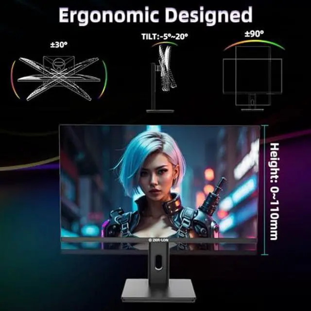 Alt view image 5 of 5 - ZER-LON 27 inch UHD Gaming Monitor, 3840 x 2160 60Hz IPS Computer Monitor, HDR400, Tilt/Swivel/Height/Pivot Adjustment, 99% sRGB, DCI-P3 95%, Eye Care, FreeSync, HDMI,DP Port