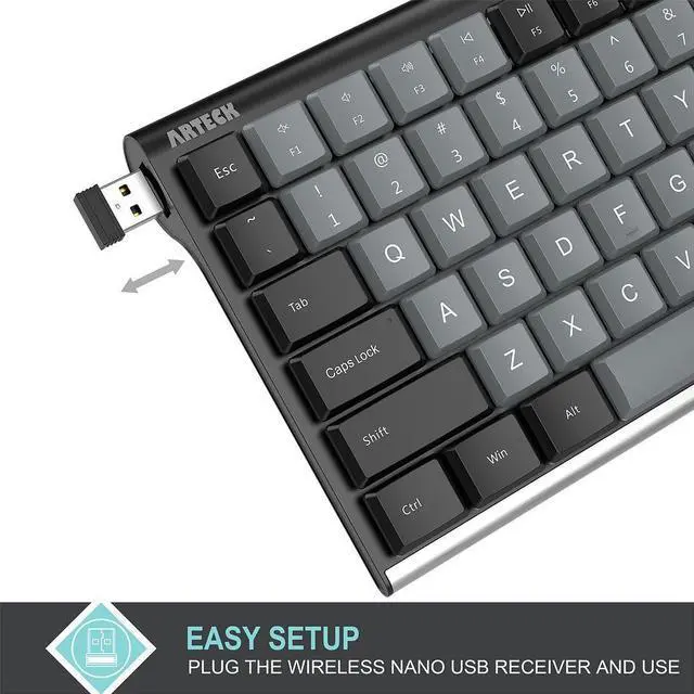 Alt view image 5 of 5 - Arteck Mechanical 2.4G USB Wireless Performance Keyboard, Tacktile Quiet Brown Switches, Stainless Steel Low Profile for PC/Desktop/Laptop/TV and Windows 11/10 Built in Rechargeable Battery Black