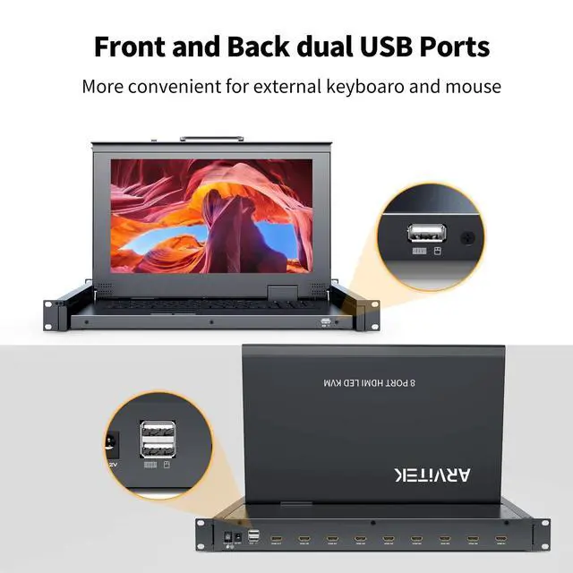 Alt view image 5 of 5 - Rack Mount KVM w/15.6'' LCD Monitor, Arvitek 8 Port KVM Switch HDMI w/Handle, Fit 1U 19'' Rack, Suitable for 600-800mm Network Cabinet (Included 8 HDMI KVM Cables)