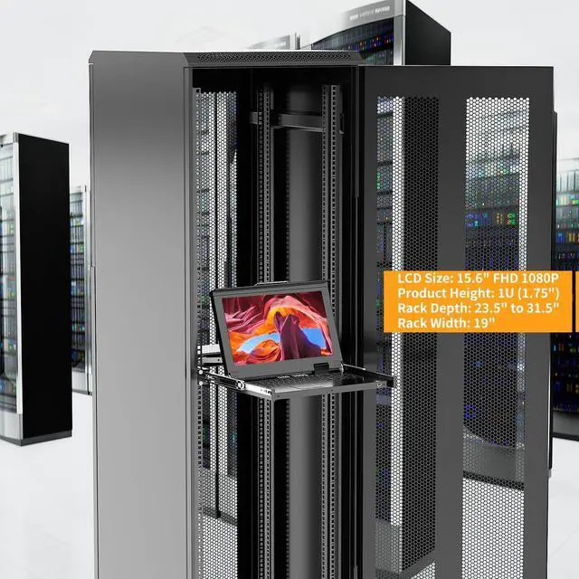 Alt view image 2 of 5 - Rack Mount KVM w/15.6'' LCD Monitor, Arvitek 8 Port KVM Switch HDMI w/Handle, Fit 1U 19'' Rack, Suitable for 600-800mm Network Cabinet (Included 8 HDMI KVM Cables)
