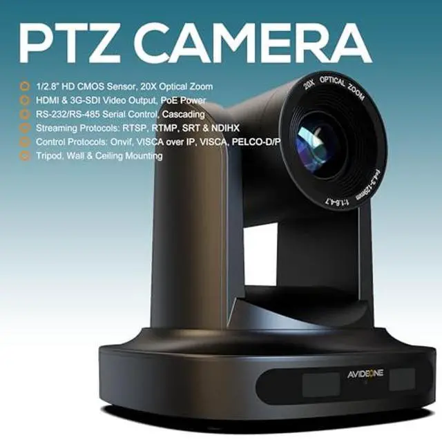 Alt view image 2 of 5 - AVIDEONE 20X Optical Zoom NDI PTZ Camera with HDMI 3G-SDI, RS232/RS485, PoE IP Live Streaming for Multi-Camera Video Production (Black)