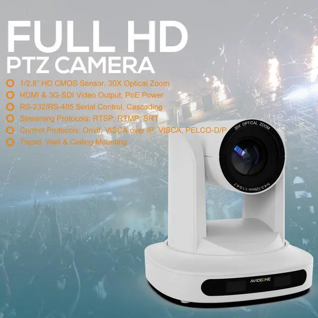 Alt view image 2 of 5 - AVIDEONE 30x Optical Zoom PTZ Camera with HDMI, 3G-SDI, PoE IP Live Streaming, 1080P HD Video for Church Services, Education, Healthcare(White)