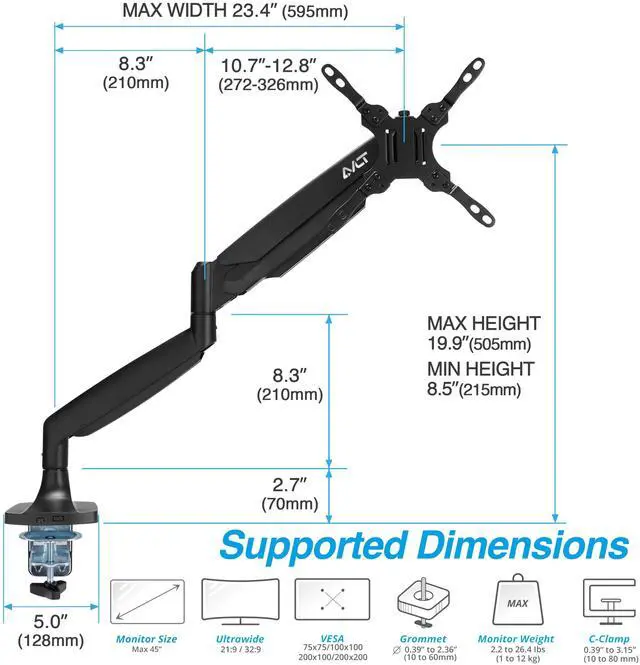 Alt view image 2 of 5 - AVLT Single 17"-45" Monitor Arm Desk Mount Premium Mechanical Spring fits One Flat/Curved/Ultrawide Monitor Full Motion Height Swivel Tilt Rotation Adjustable, Black