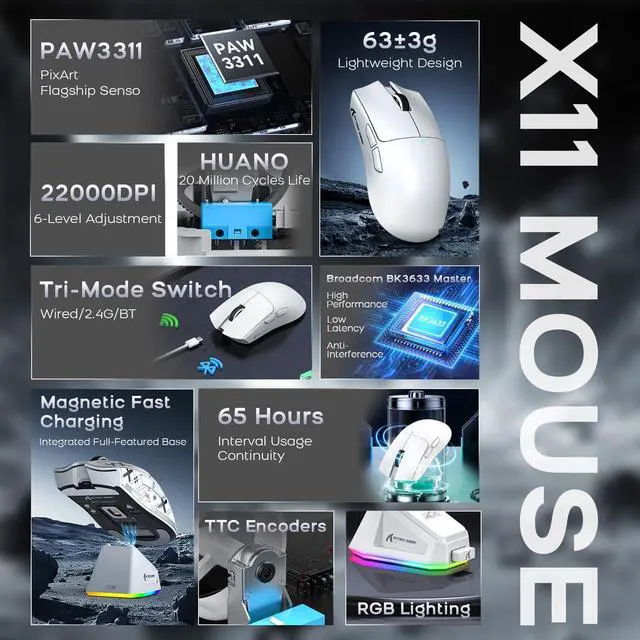Alt view image 3 of 5 - ATTACK SHARK X11 Mouse and X60 HE Keyboard Wireless Gaming Combo,Magnetic Switch,8K Polling Rate,Hall Effect,Rapid Trigger,PAW3311 Optical Sensor,22K DPI,Lightweight-White