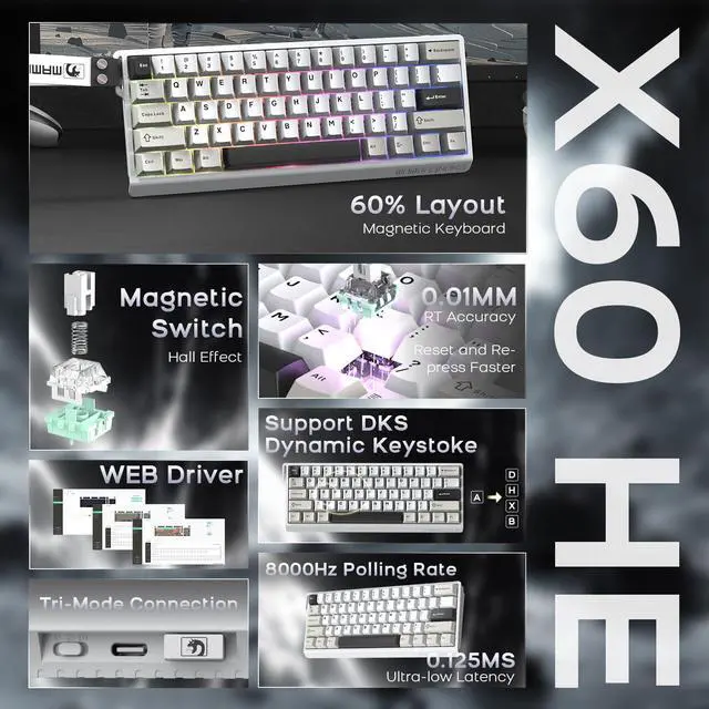 Alt view image 2 of 5 - ATTACK SHARK X11 Mouse and X60 HE Keyboard Wireless Gaming Combo,Magnetic Switch,8K Polling Rate,Hall Effect,Rapid Trigger,PAW3311 Optical Sensor,22K DPI,Lightweight-White