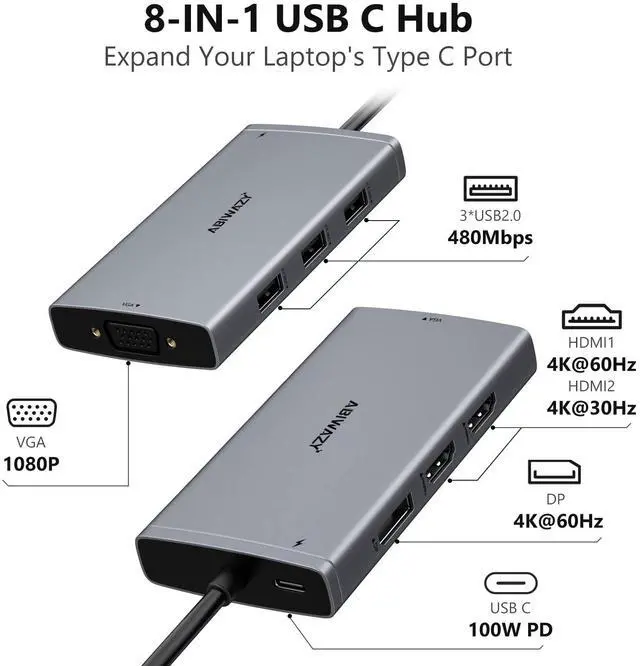 Alt view image 2 of 5 - 3 in 1 USB C to HDMI Multiport Adapter with 4K HDMI Output & 8 in 1 USB C Docking Station Dual Monitor for Dell/HP/Lenovo/Surface Laptop with 2hdmi dp vga