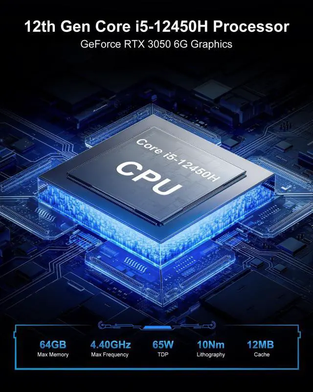 Alt view image 2 of 5 - Baieyu Mini Gaming PC, Core i5-12450H RTX 3050Ti 6GB Mini Computers, 16GB DDR4 RAM 512GB NVMe SSD, 8K Quad Display, WiFi 6E, BT 5.2, 2 x HD DP, Small Desktop Gaming Computer Win 11 Pro