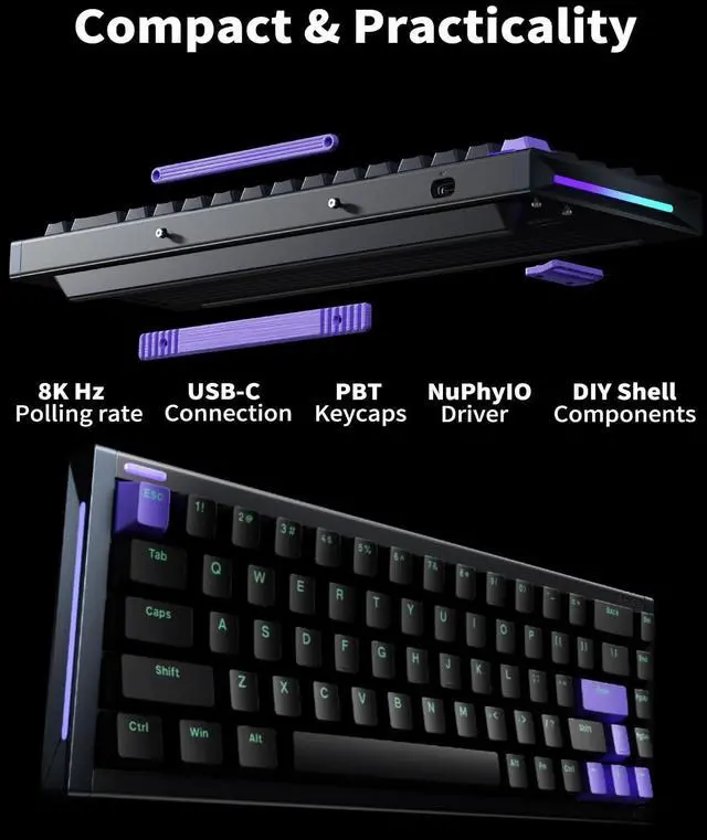 Alt view image 2 of 5 - NuPhyX BH65 All-Aluminum Magnetic Switch Gaming Keyboard,65% 68keys RGB Rapid Trigger Wired Custom Hall Effect Keyboard,PBT keycaps,Actuation Point Adjustable,8K Hz Polling Rate-Magnetic Jade Pro