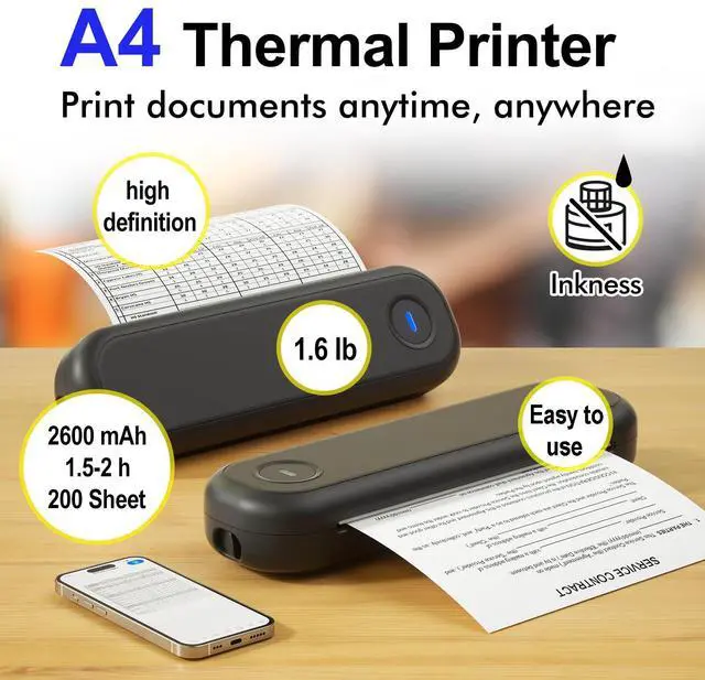 Alt view image 4 of 5 - Bluetooth Portable Thermal Printers Wireless for Travel, Inkless Printer Support for 8.5"x11" US Letter & Legal A4 & A5 Thermal Paper, Compatible with iOS, Android, Laptop & USB for Office Car Home