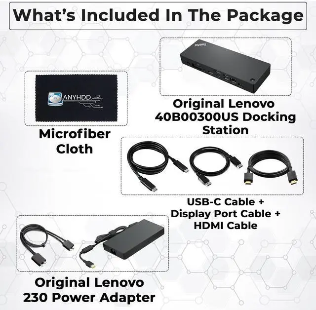 Alt view image 2 of 5 - 40B00300US Docking Station USB C Bundle - 1 Year Warranty, Thinkpad Thunderbolt 4 Dock with 300W AC Adapter + HDMI Cable + DisplayPort Cable + Thunderbolt Cable + Microfiber Cloth