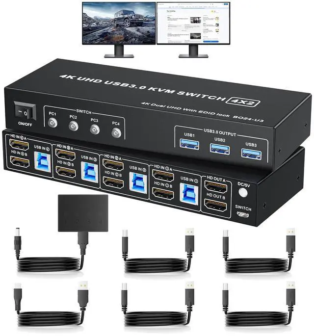 Main image of HDMI KVM Switch 4 Computers 2 Monitors, 4 Computer Dual Monitor KVM Switcher HDMI 4 in 2 Out USB 3.0 4K@60Hz Sharing Keyboard and Mouse, Support Extended/Copy Mode, with Wired Controller 4XUSB Cables