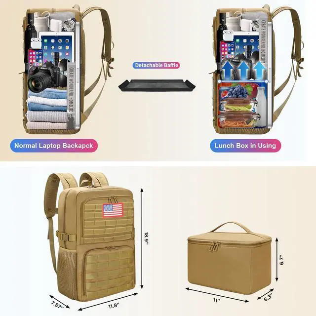 Alt view image 2 of 5 - BERTASCHE Lunch Backpack, Laptop Backpack 15.6 inch Work Backpack w/Insulated Cooler Lunch box for Men Women, Casual Daypack for Work Commuter Picnic College,Khaki