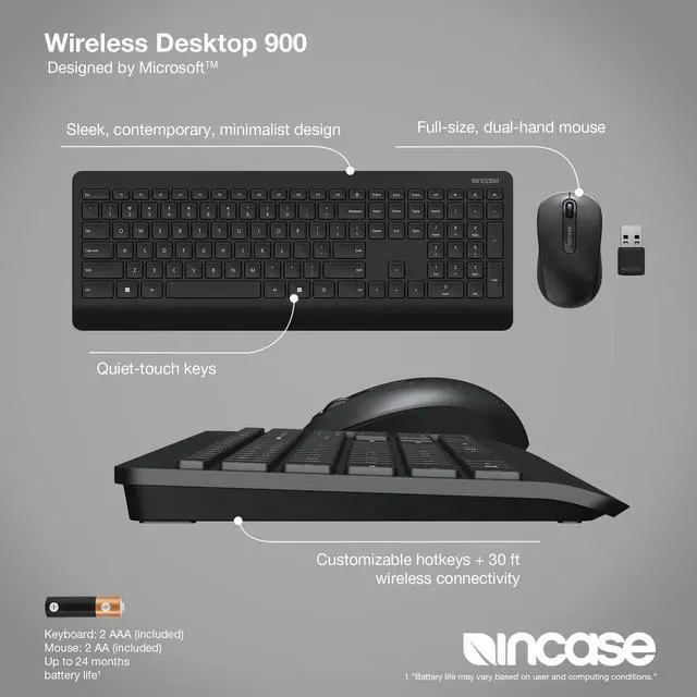 Alt view image 2 of 5 - Incase Wireless Desktop 900 Keyboard and Mouse Combo - Designed by Microsoft - Quiet Touch Keys, Ambidextrous Design, Customizable Hotkeys, Two Year Battery Life - Black
