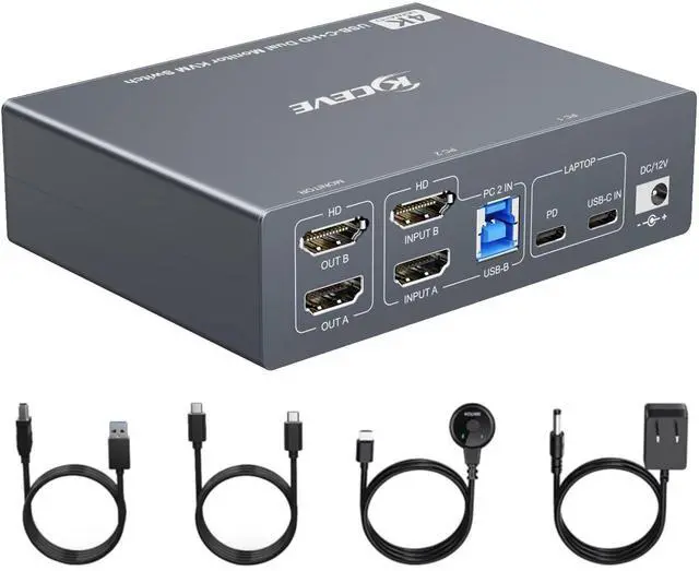 Main image of KVM Switch 2 Monitors 1 Laptop and 1 Desktop 4K@60Hz,Camgeet USB C HDMI Dual Monitor KVM Switch with 4 USB3.0 Ports for Keyboard Mouse,80W PD Charging,Wired Remote,USB-C Cable and 12V Adapter Included