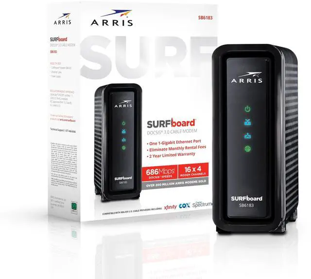Main image of ARRIS (SB6183) Cable Modem - Fast DOCSIS 3.0 16x4 Gigabit Cable Modem, For Comcast Xfinity, Cox, Spectrum and more, 1 Gbps Port, 400 Mbps Max Internet Speed, 2 Year Warranty