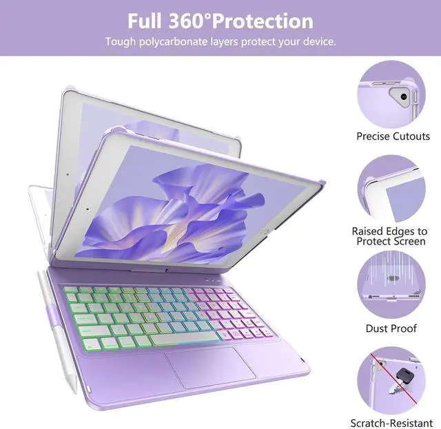 Alt view image 5 of 5 - COO Keyboard Case for on iPad 10.2" 9th/8th/7th Gen, Under iPad Air 10.5"(3rd Gen)/in iPad Pro 10.5 in, Backlit 10 Color 360 Screen Rotation Case for on iPad with Keyboard, Auto Sleep/Wake - Lavender