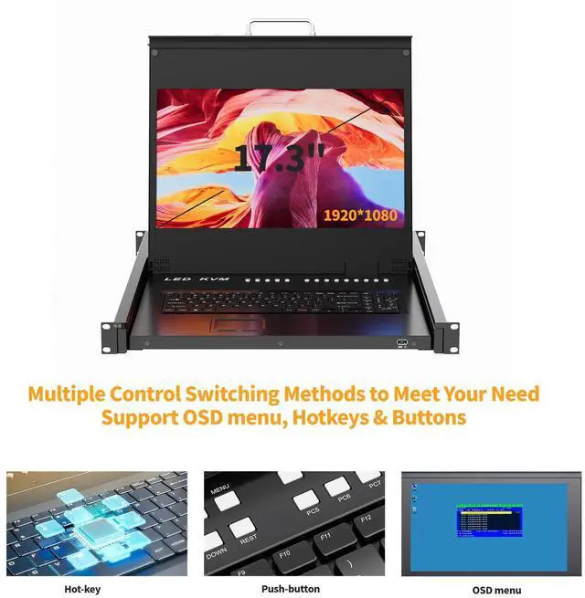 Alt view image 3 of 5 - Rack Mount KVM w/17.3" LCD Monitor, Arvitek 8 Port KVM Switch HDMI w/Handle, Fit 1U 19'' Rack, Suitable for 600-800mm Network Cabinet (Included 8 HDMI KVM Cables)