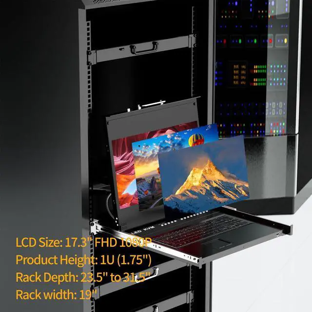 Alt view image 2 of 5 - Rack Mount KVM w/17.3" LCD Monitor, Arvitek 8 Port KVM Switch HDMI w/Handle, Fit 1U 19'' Rack, Suitable for 600-800mm Network Cabinet (Included 8 HDMI KVM Cables)