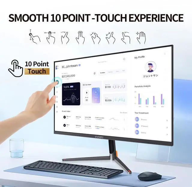 Alt view image 2 of 5 - CUNPU 24 Inch Touchscreen Monitor, 10 Point Touch, FHD 1080P 75Hz IPS Screen, 100% SRGB, VESA Wall Mountable, Tilt Adjustment, VGA HDMI USB for PC, Laptop Business & Work Station, Warehouse