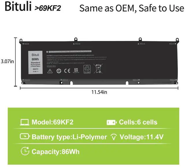 Alt view image 2 of 5 - Bituli 69KF2 Battery Replacement for Dell G7 15 7500 G15 5510 5511 5515 5520 5521 XPS 15 9500 9510 9520 Precision 5550 5560 5570 Alienware M15 R3 R4 M17 R3 R4 7510 7610 7620 P87F P91F P45E