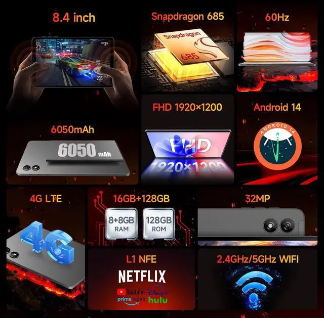 Alt view image 2 of 5 - BNCF 8.4 inch Snapdragon 685 Android 14 Tablet, FHD IPS 1920x1200 Resolution 60Hz Reflex Bpad Mini with Widevine L1, 5MP+32MP Camera, 4G LTE, 6050mAh with Protective Case