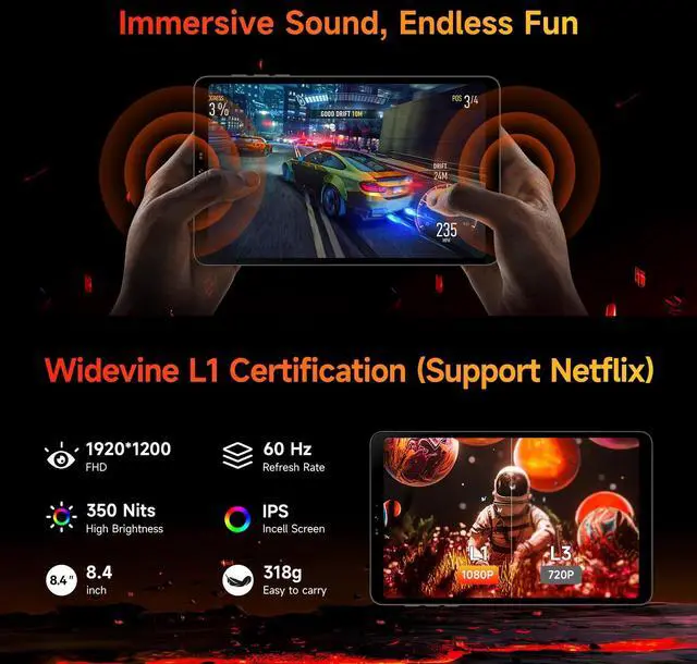 Alt view image 4 of 5 - BNCF 8.4 inch Snapdragon 685 Android 14 Tablet, FHD IPS 1920x1200 Resolution 60Hz Reflex Bpad Mini with Widevine L1, 5MP+32MP Camera, 4G LTE, 6050mAh with Protective Case