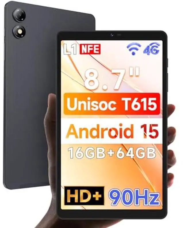 Main image of BNCF [2025 New Android 15] 8.7" Tablet, Unisoc T615 (8 Core), HD IPS 1340x800, 90Hz Reflex, 350Nits, Widevine L1, 5MP Camera, 4G LTE, 2.4G/5G WiFi, BT5.0, 5500mAh, PD18W, 16GB+64GB (1TB TF)