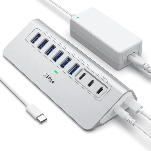 Main image of Powered USB Hub, intpw 9-Port USB 3.2/USB C Hub with 10Gbps USB C 3.2, 2 USB A 3.2, 4 USB 3.0, 2 PD 45W Charging Ports, 65W Power Adapter and 3.3FT Cable, Aluminum USB Hub for laptop, iPhone 16/15, PC