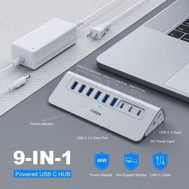 Alt view image 2 of 5 - Powered USB Hub, intpw 9-Port USB 3.2/USB C Hub with 10Gbps USB C 3.2, 2 USB A 3.2, 4 USB 3.0, 2 PD 45W Charging Ports, 65W Power Adapter and 3.3FT Cable, Aluminum USB Hub for laptop, iPhone 16/15, PC