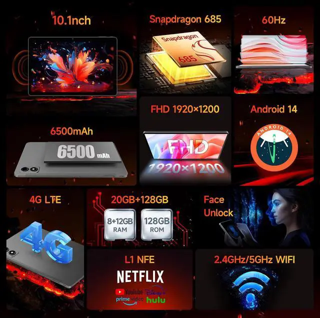 Alt view image 2 of 5 - BNCF 10.1 inch Snapdragon 685 Android 14 Tablet, FHD IPS 1920x1200 Resolution 60Hz Reflex Bpad 10 Pro with Widevine L1, 20GB+128GB(1TB TF), 5MP+5MP Camera, 4G LTE+2.4G/5G WiFi+BT5.0+GPS, 6500mAh