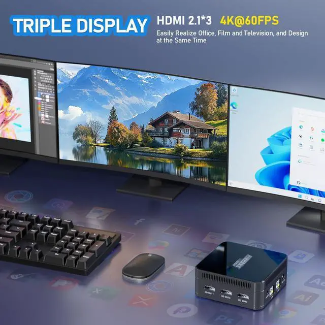 Alt view image 4 of 5 - BOMJUPBR Mini PC N100 (up to 3.4GHz), Windows 11 Pro OS, 16GB DDR5 RAM 512GB M.2 SSD, 4K UHD Triple Screen Display, Mini Desktop Computer,Gigabit Ethernet, WiFi6/BT5.2, for Business, Home, Office