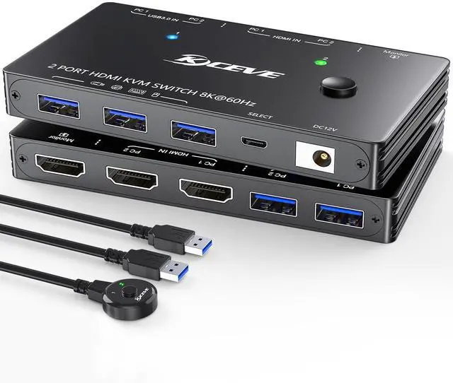 Main image of 2 IN1 Out KVM Switch HDMI 8K@60Hz/4K@120Hz, HDMI2.1 KVM Switch for 2 Computer Share 1 Monitor and 4 USB3.0 Devices,Wired Remote and USB Cables Included