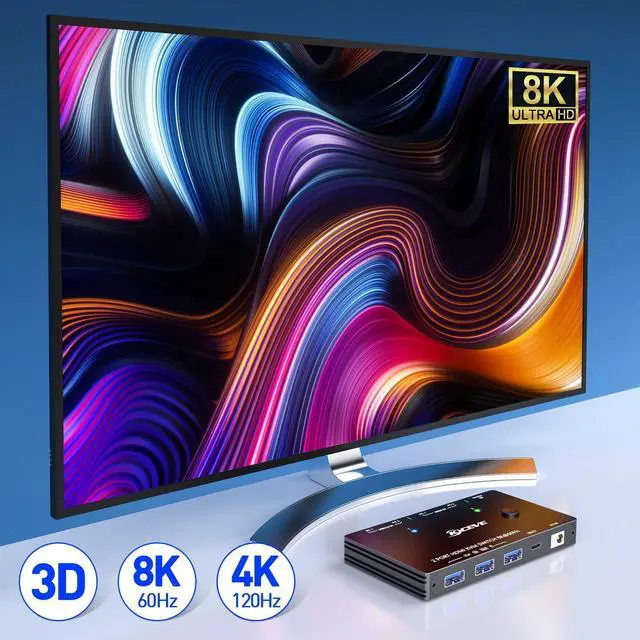 Alt view image 3 of 5 - 2 IN1 Out KVM Switch HDMI 8K@60Hz/4K@120Hz, HDMI2.1 KVM Switch for 2 Computer Share 1 Monitor and 4 USB3.0 Devices,Wired Remote and USB Cables Included