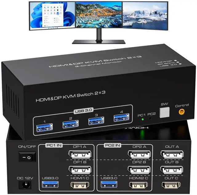 Main image of ATLAHET 8K HDMI 2 Displayport KVM Switch 3 Monitors 2 Computers DP 1.4 8K 60Hz 4K 120Hz Display Port for Two PC Share Triple Monitor and 4 USB 3.0 Peripherals Support Extended and Duplicate Mode
