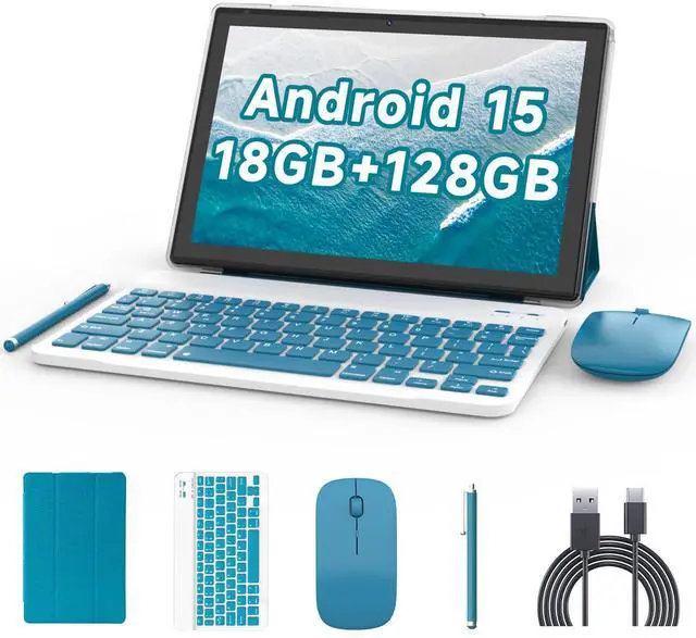 Main image of Tablet with Keyboard Android 15 Tablets 2 in 1 Tablet 18GB+128GB Supports 2TB Expansion 10 inch Tablets include Case Mouse Stylus 6000mAh Battery 2MP+8MP Dual Camera 5G-WiFi-6 Bluetooth 10.1" Tableta